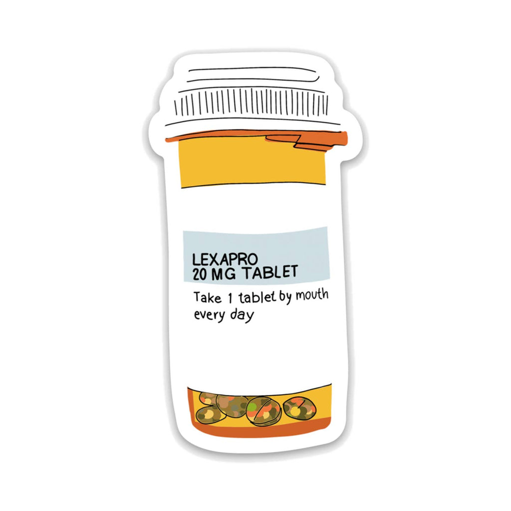 Decorative sticker in the image of a prescription bottle of lexapro with black text says, "Lexapro 20 mg tablet, take 1 tablet by mouth every day". 