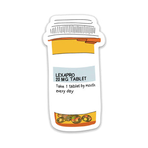 Decorative sticker in the image of a prescription bottle of lexapro with black text says, "Lexapro 20 mg tablet, take 1 tablet by mouth every day". 