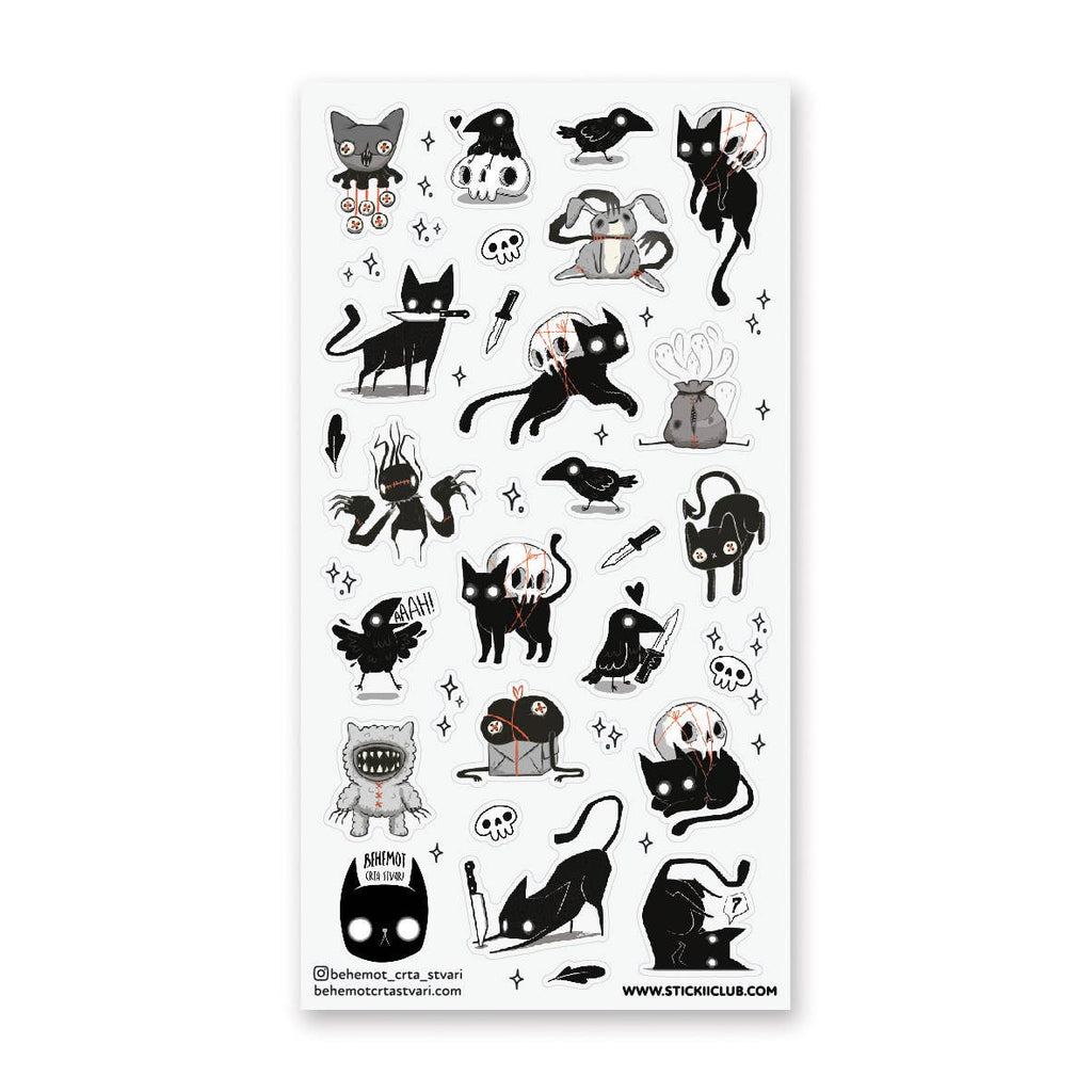 White background with images of black cats doing Halloween activities.  