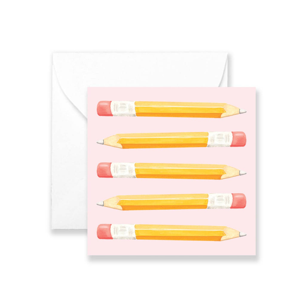 Pink background with images of yellow pencils with pink erasers. White envelope included. 