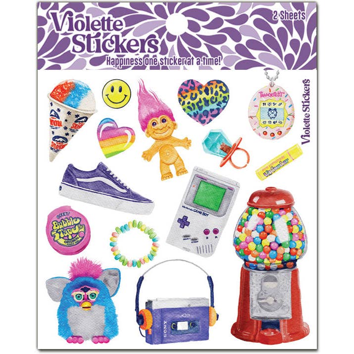 Sticker sheet with images of snow cones, trolls, furby, walkman, gum balls, ring pops, candy bracelet and bubble gum tape in bright rainbow colors.
