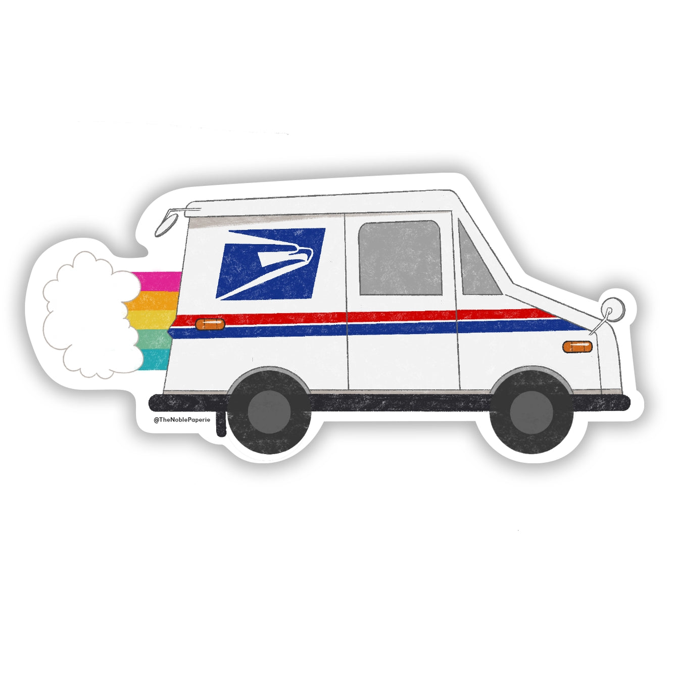 Decorative sticker with image of a white USPS postal truck with rainbow coming out of back and white cloud. 
