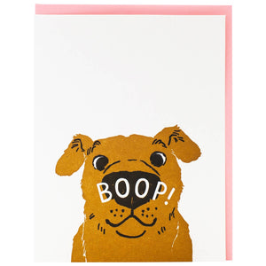 White background with image of a brown dog face with white text says, "Boop!" over the dog's nose. Pink envelope is included. 