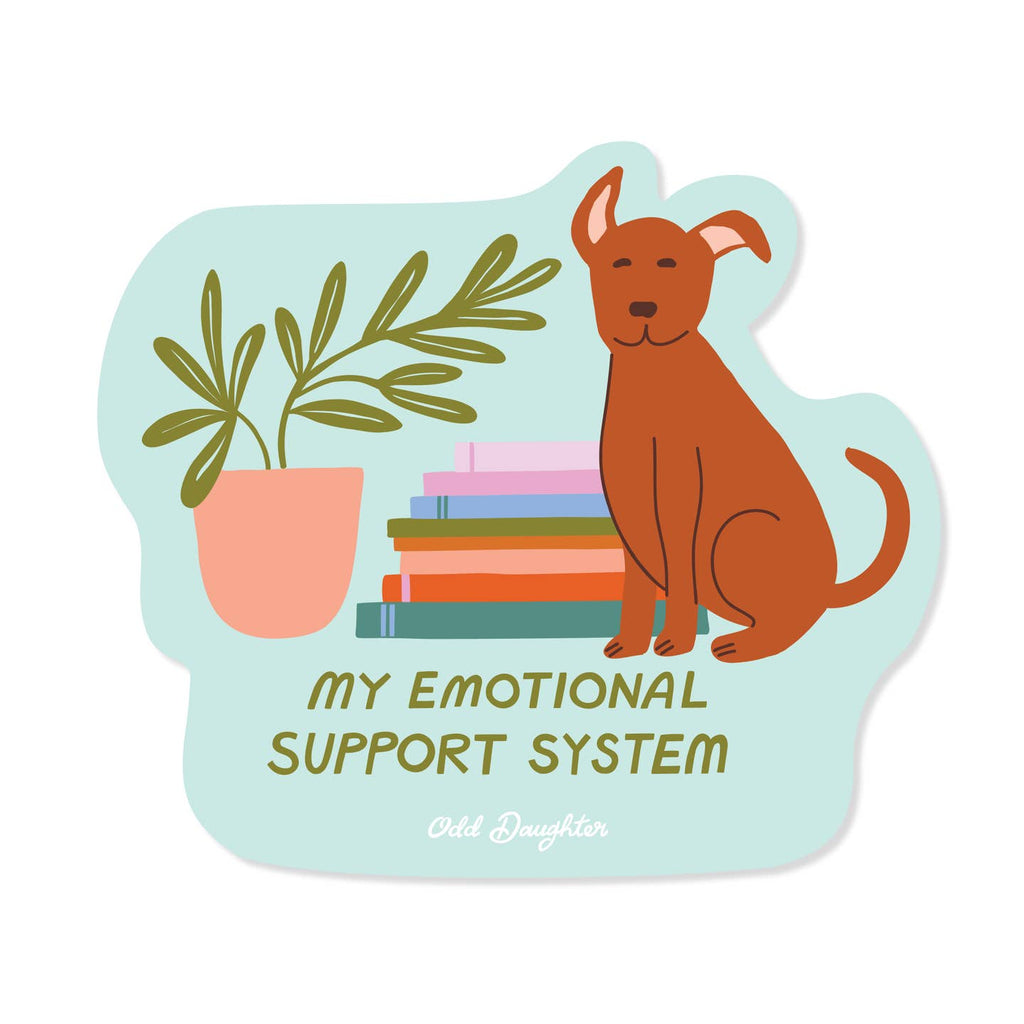 Decorative sticker with aqua background and images of books, a plant and a brown dog with olive text says, "My emotional support system". 