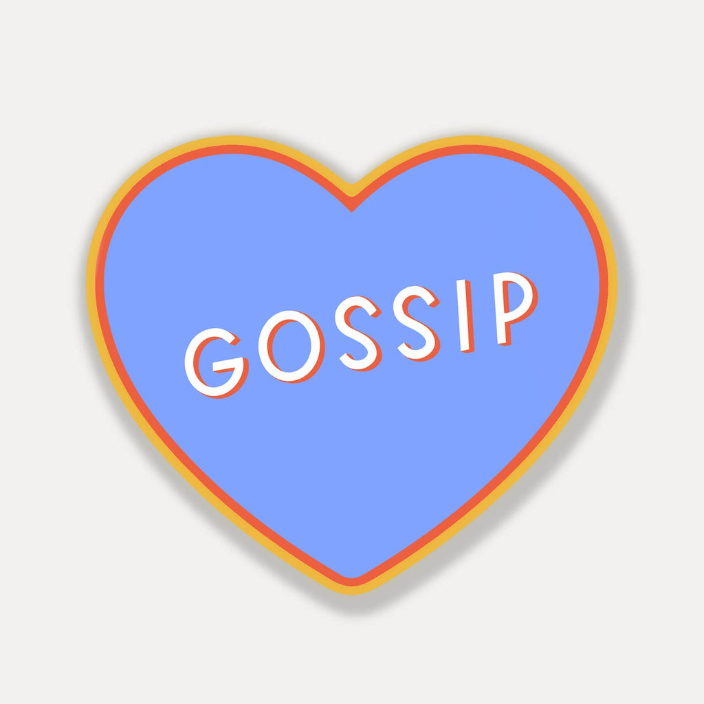 Decorative sticker in heart shape with periwinkle background with orange and yellow border with white text says, "Gossip". 