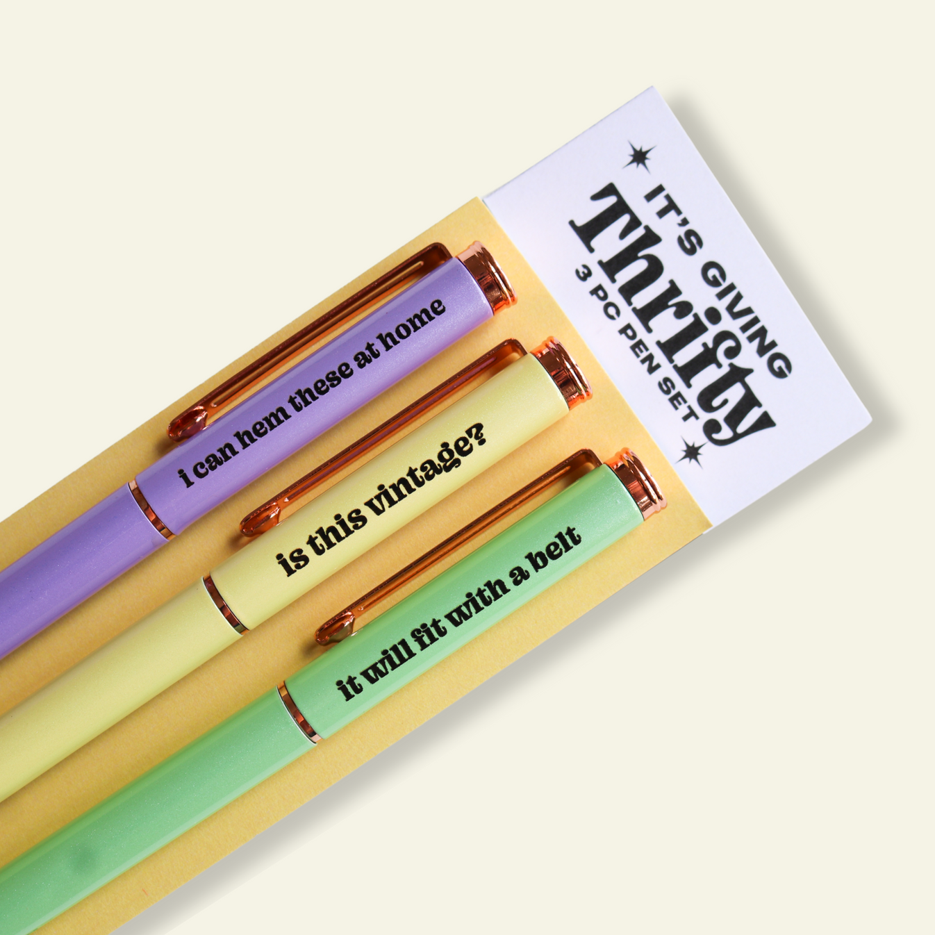 Pen set in lilac, yellow and mint green with black text says, "I can hem these at home", "Is this vintage?" and "it will fit with a belt". 