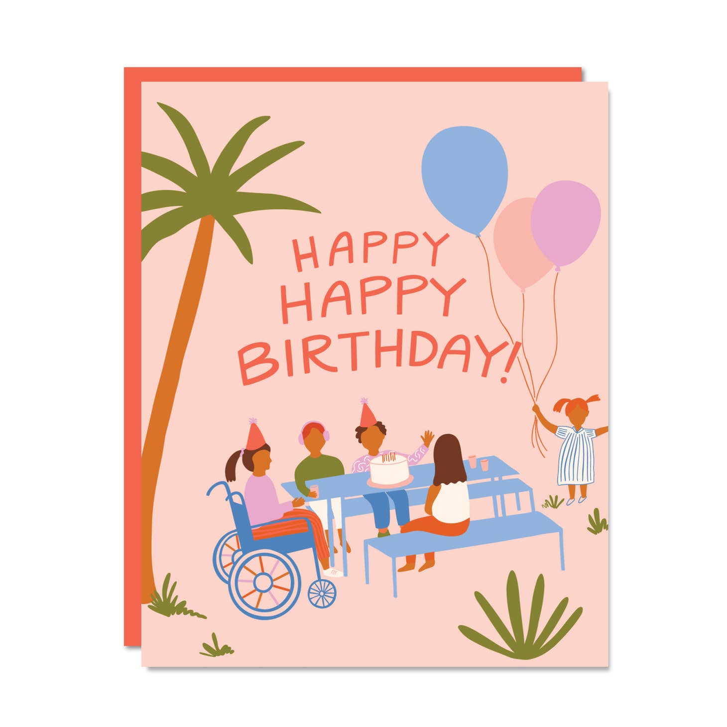 Peach background with images of children wearing party hats sitting at an outdoor table with palm tree and cake. Red text says, "Happy happy birthday!". Orange envelope is included.