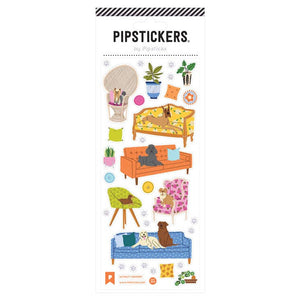 Image of sticker sheet with white background and images of dogs on couches and potted plants. 