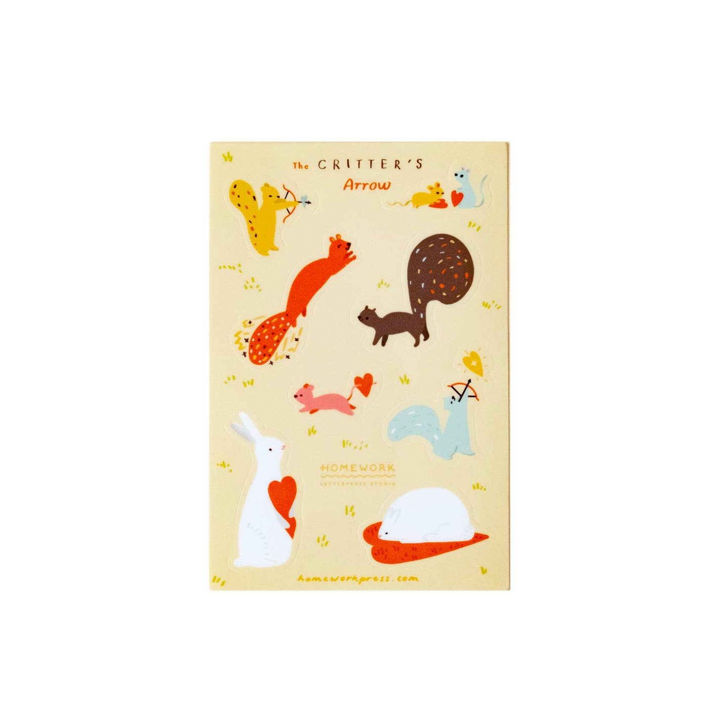 Sticker sheet with tan background and stickers in the image of white bunnies and yellow, brown, orange and pink squirrels .