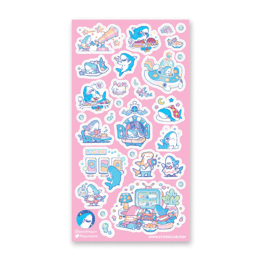 Sticker sheet with pink background and images of sharks doing different activities.