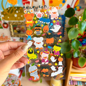 Clear sheet of stickers with ghosts, mummy, Frankenstein, candy corn.