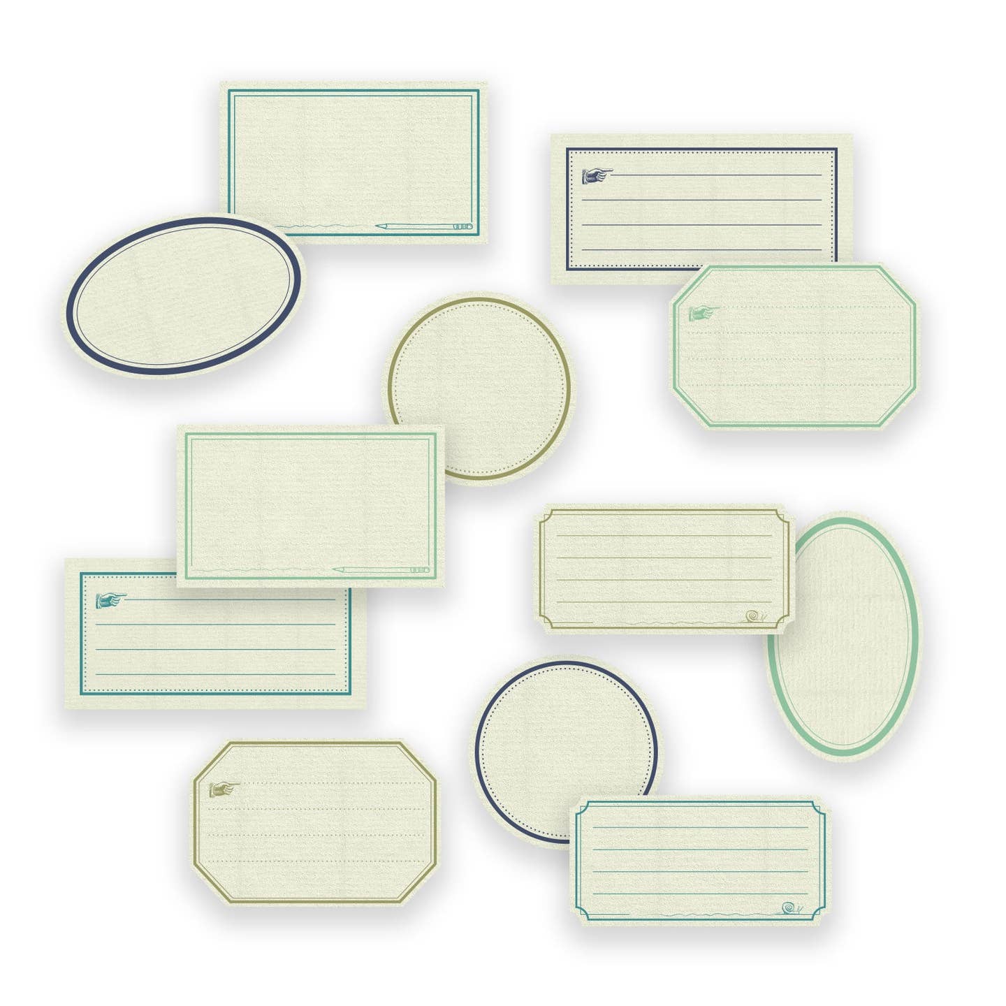 Stickers in square, circle and rectangle shapes in cream with red, green, blue and tan borders.