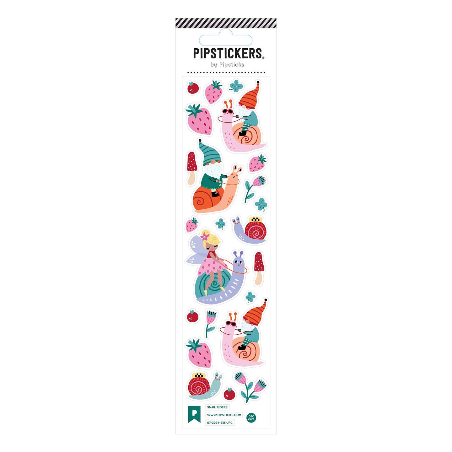 Decorative sticker sheet with images of snail with riders including gnome, fairy, and insects. 
