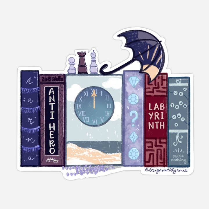 Decorative sticker with image of a set of books with the names of songs from Taylor Swift's Midnights album.