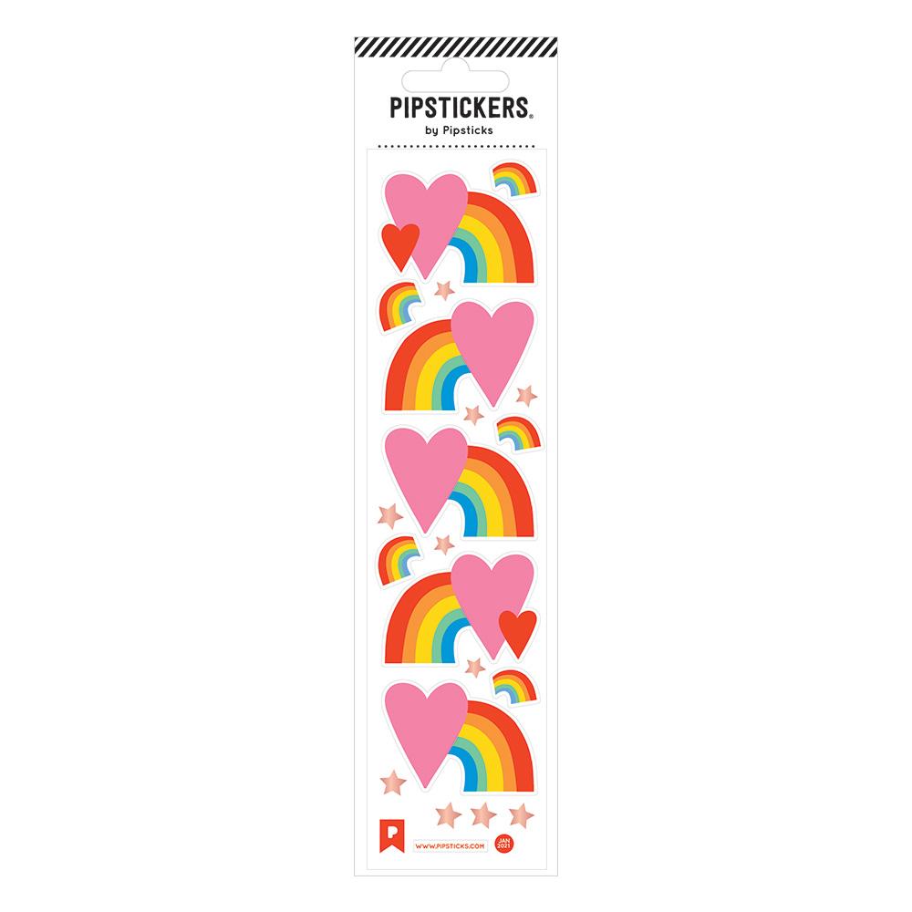 Sticker sheet with images of rainbows in red, orange, yellow, green and blue with pink and red hearts. 