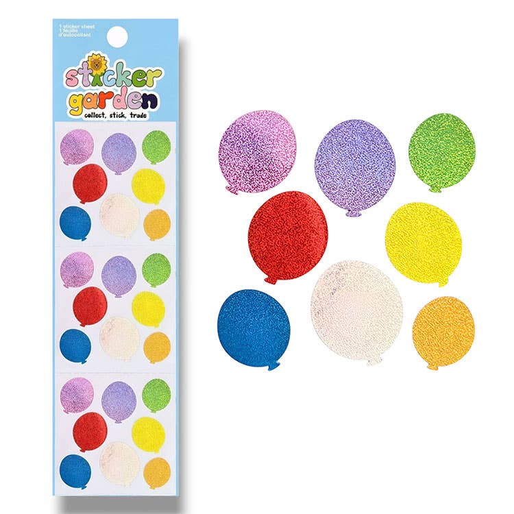 Image of sticker sheet with images of glittery balloons in red, yellow, orange, green, blue, pink and lilac.