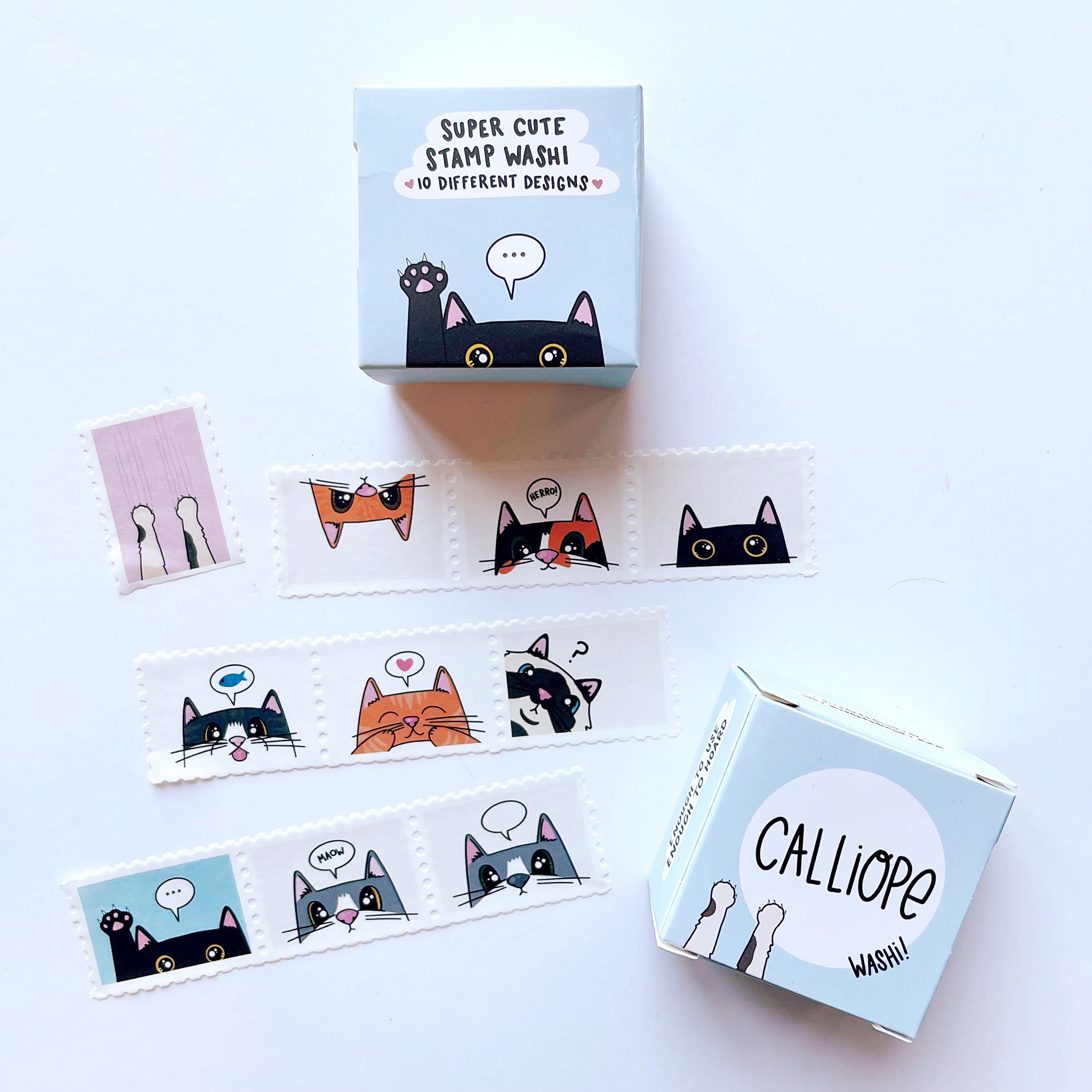 Image of stamp Washi tape with images of cats faces from the nose up with word bubbles with black text says, "meow" or has images of fish, hearts or "...". 
