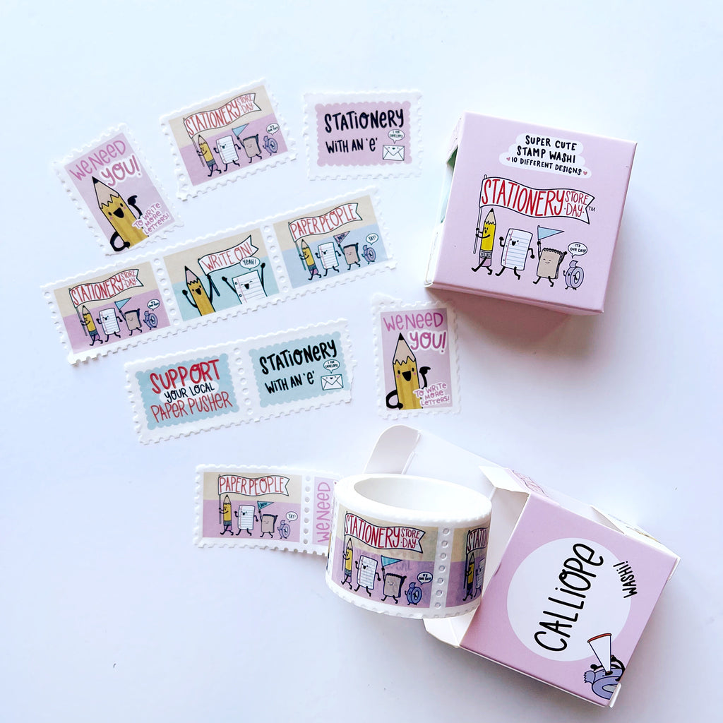 Image of stamp Washi tape with pink, blue and white background with image of the Stationery Store Day street team on each stamp. 