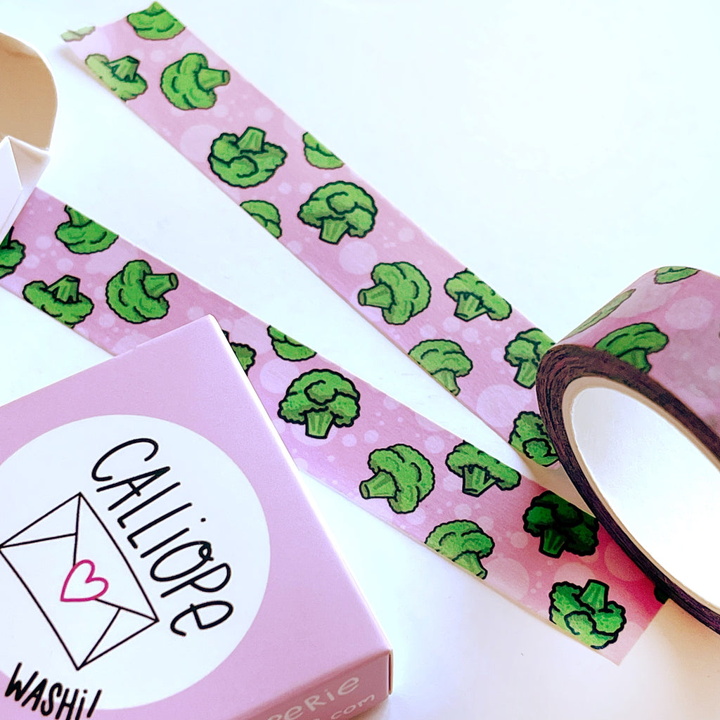 Image of Washi tape with pink background and images of green broccoli florets. 