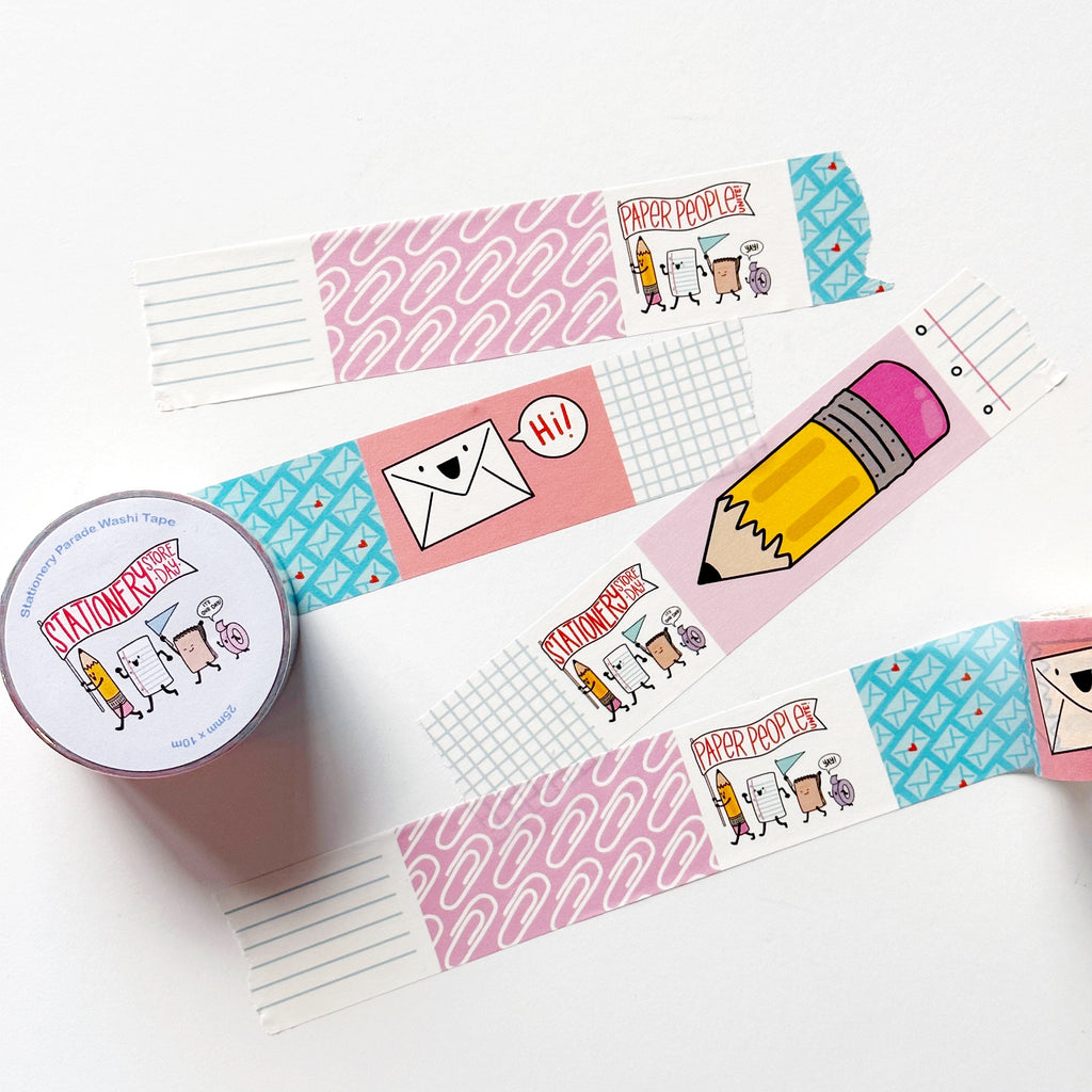 Image of stamp washi tape with images of yellow and pink pencil, pink background with white paperclips, blue and white striped and blue and white checked, pink background with white envelope saying "Hi". 