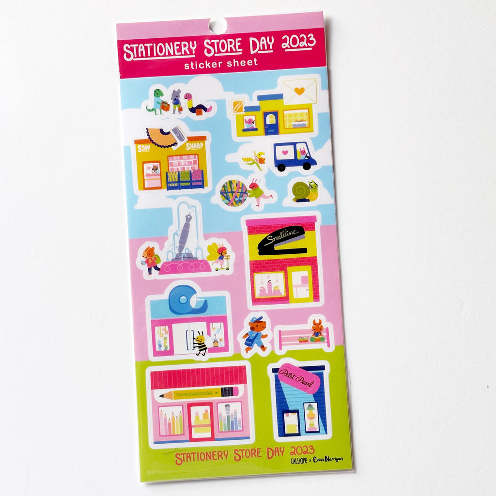 Image of sticker sheet with images of stationery themed storefronts and SSD characters, 