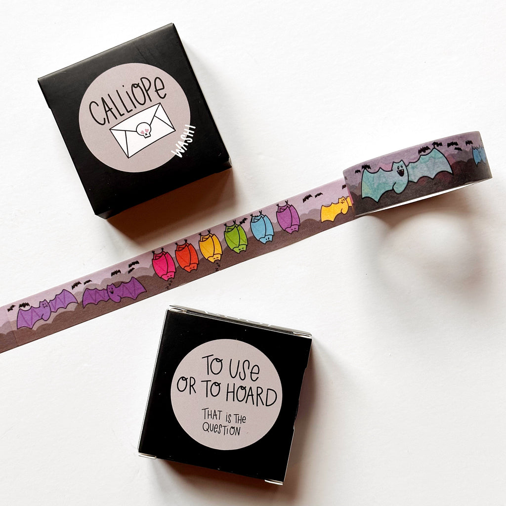 Image of Washi tape with images of bats in rainbow colors . 
