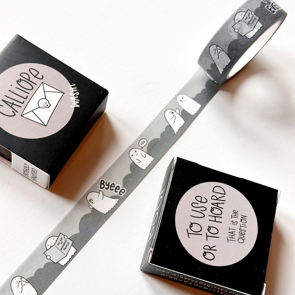 Image of Washi tape with black and grey background with images of ghosts saying "bye" and "no". 