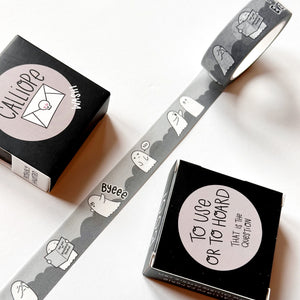 Image of Washi tape with black and grey background with images of ghosts saying "bye" and "no". 