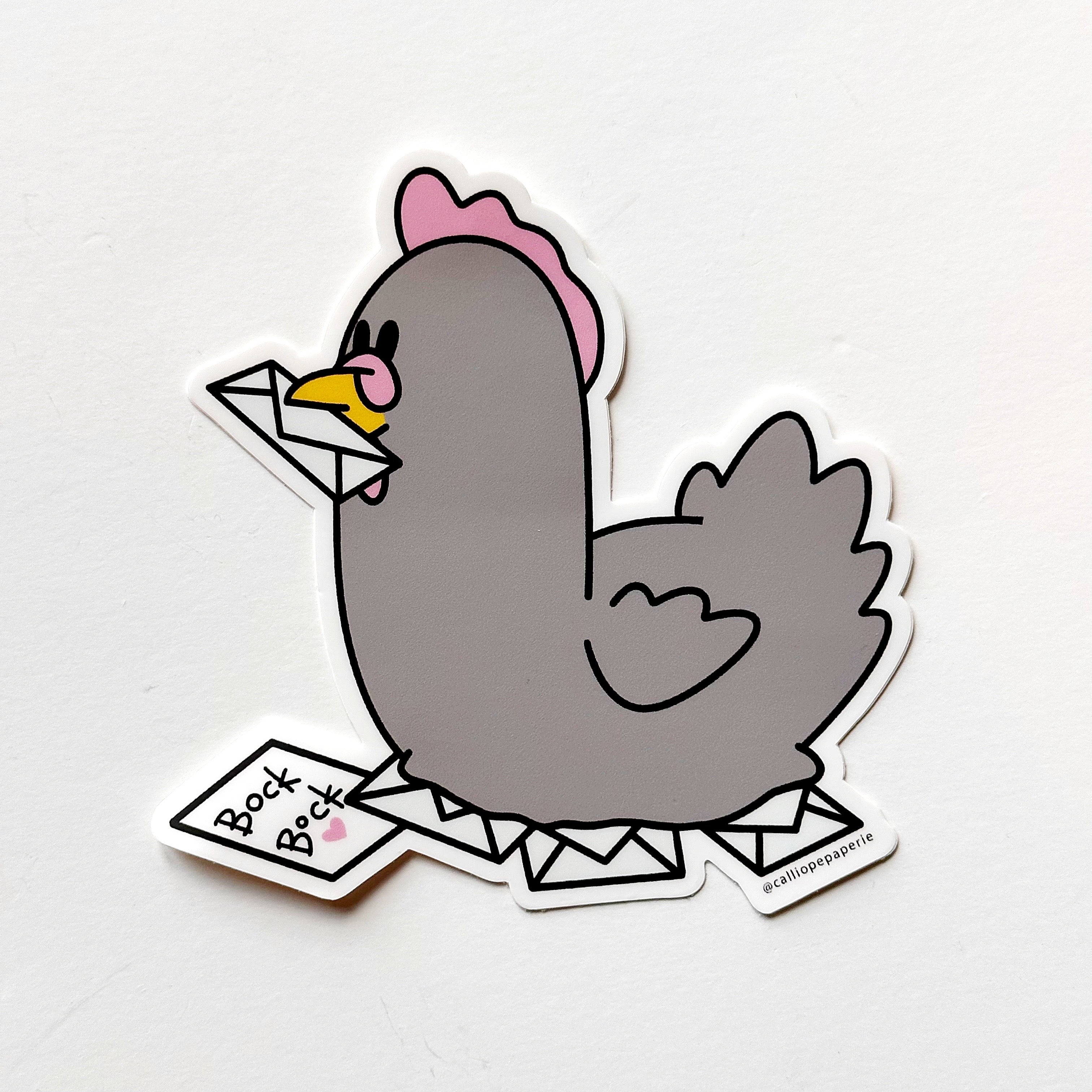 Image of sticker of a grey chicken with pink crest and holding a white envelope in its yellow beak and sitting on a nest of envelopes with one saying"Bock Bock" in black text.  