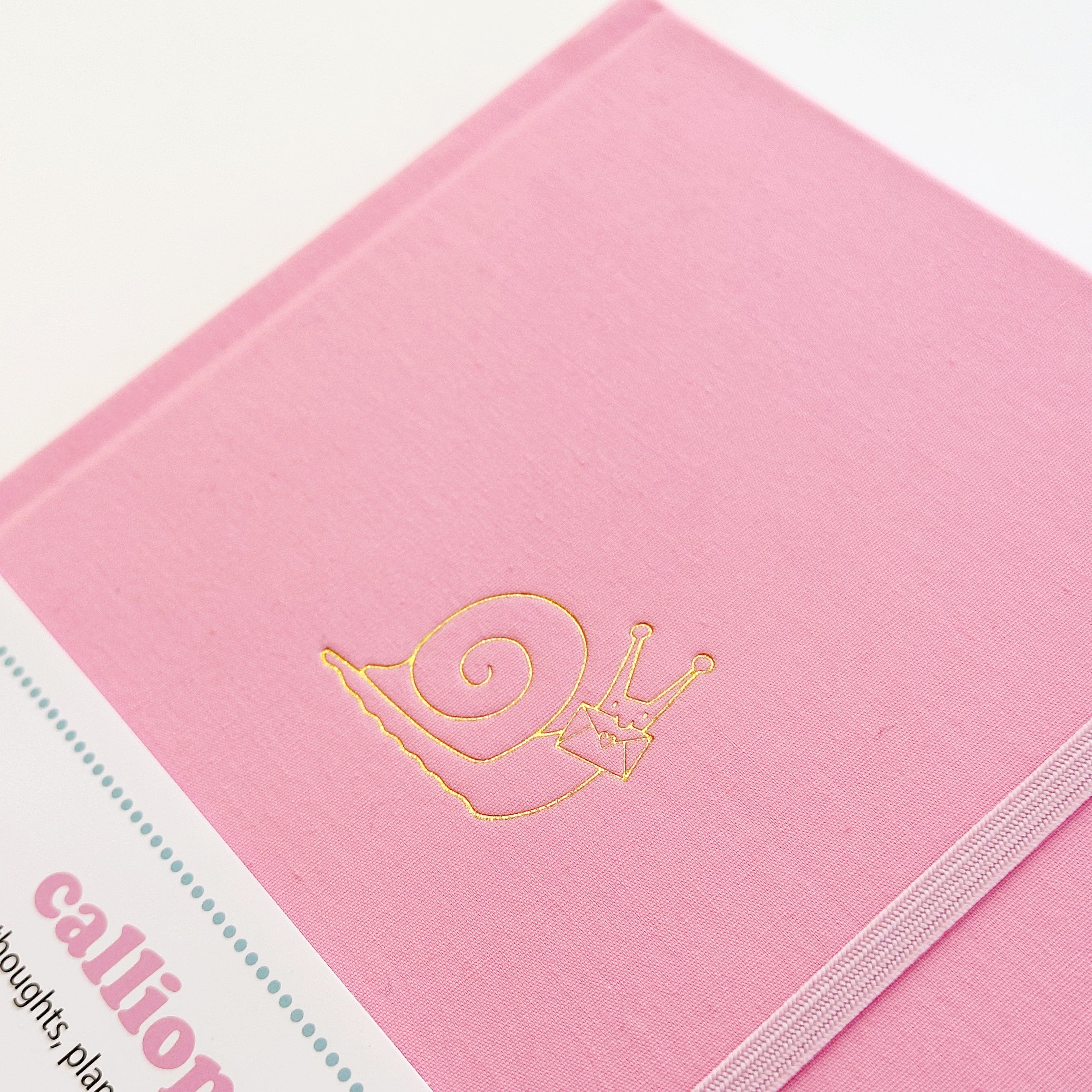 Image of pink journal with image of gold foil snail and pink elastic strap on right side to hold closed.