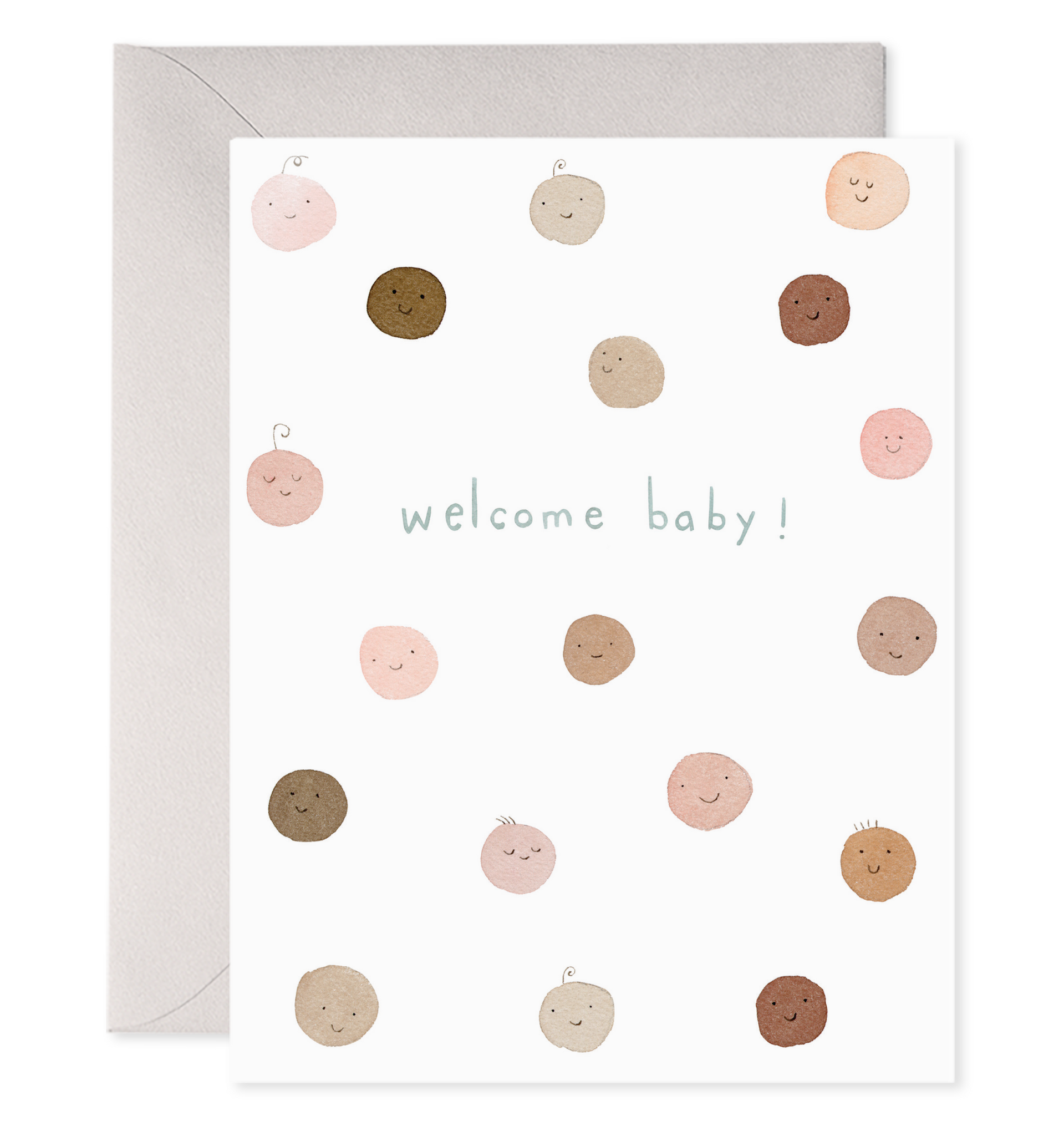 Greeting card with white background and images of babies faces in tan, pink, brown and cream, Grey envelope included. 