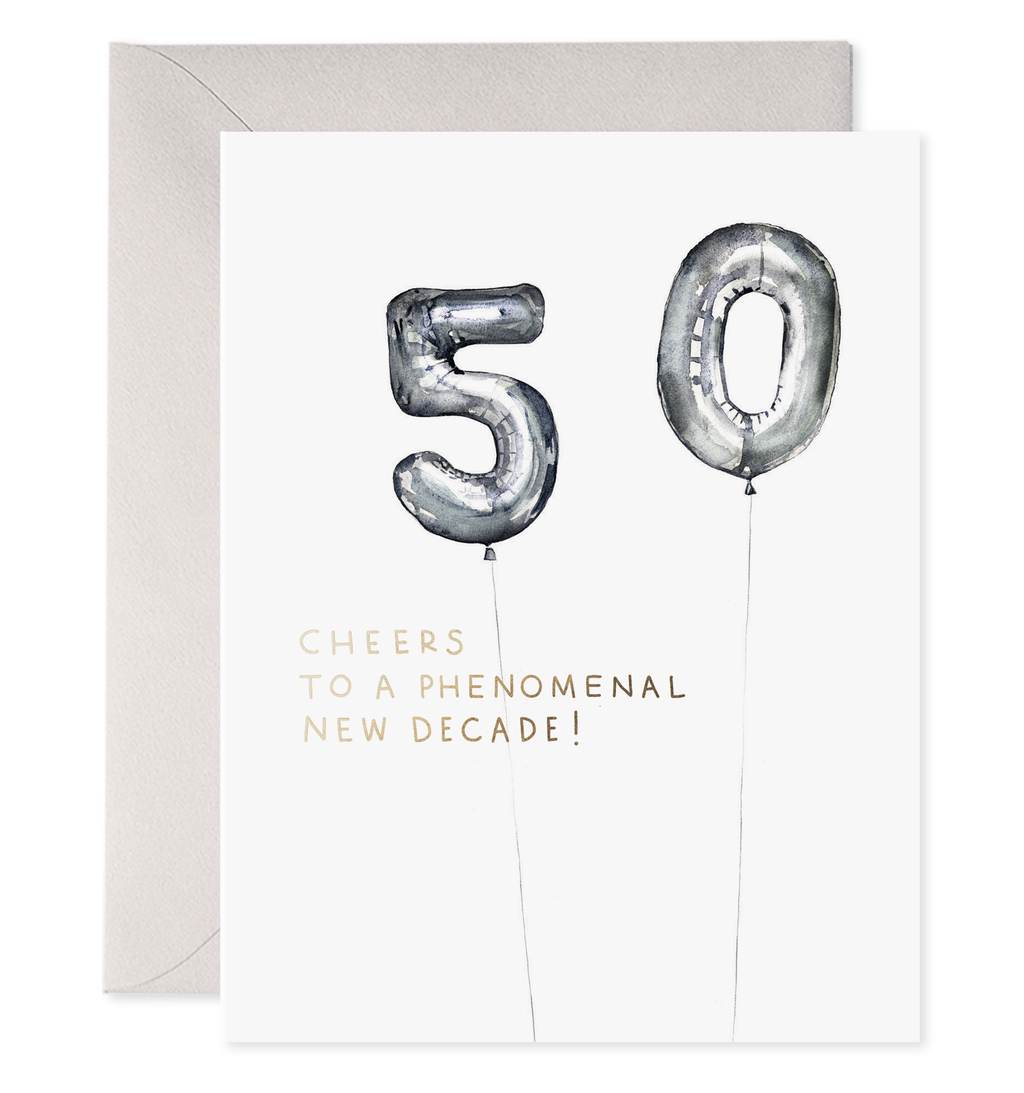 White background with image of grey/silver "50" balloons with grey text says, "Cheers to a phenomenal new decade!". Silver envelope is included. 
