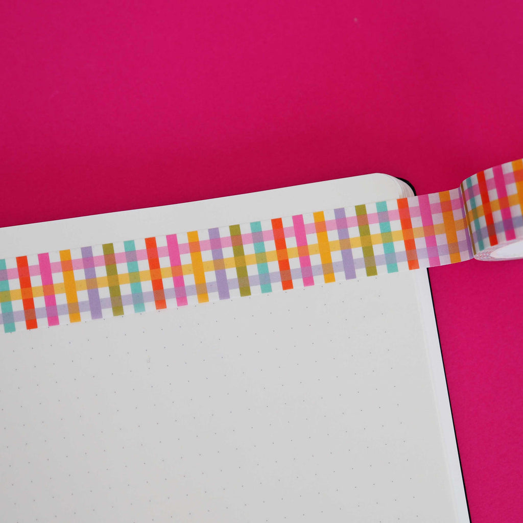 Washi tape with gingham checked pattern in red, bright pink, lilac, olive, yellow and aqua.