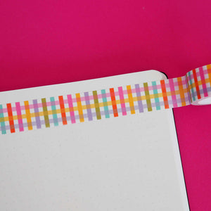 Washi tape with gingham checked pattern in red, bright pink, lilac, olive, yellow and aqua.