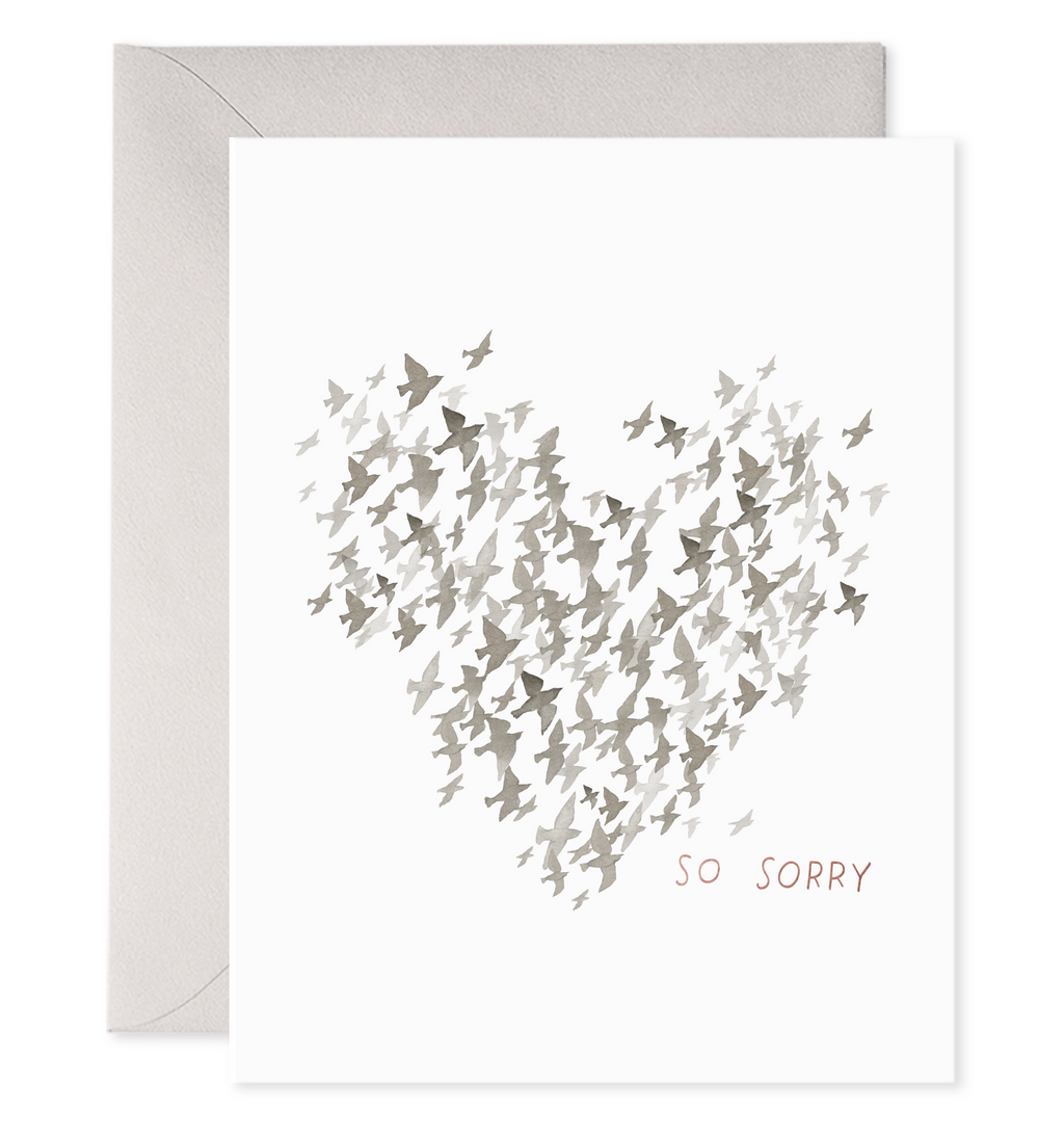 Greeting card with white background with images of a grey heart made of a flock of starlings with grey text says, "So sorry". Grey envelope included. 