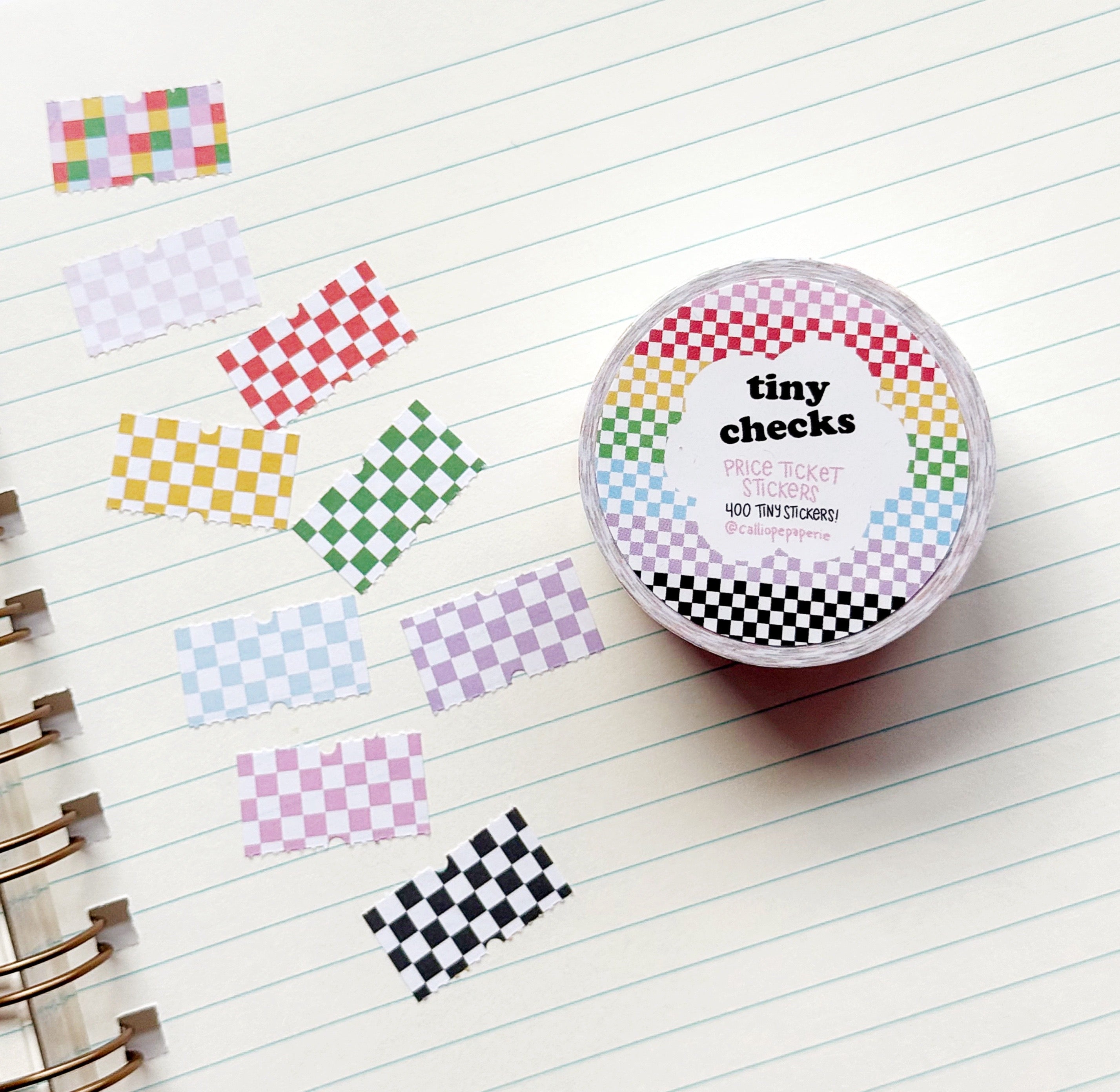 Images of  checkerboard patterned tiny stickers in pink and white, red and white, yellow and white, green and white, blue and white, lilac and white and black and white.