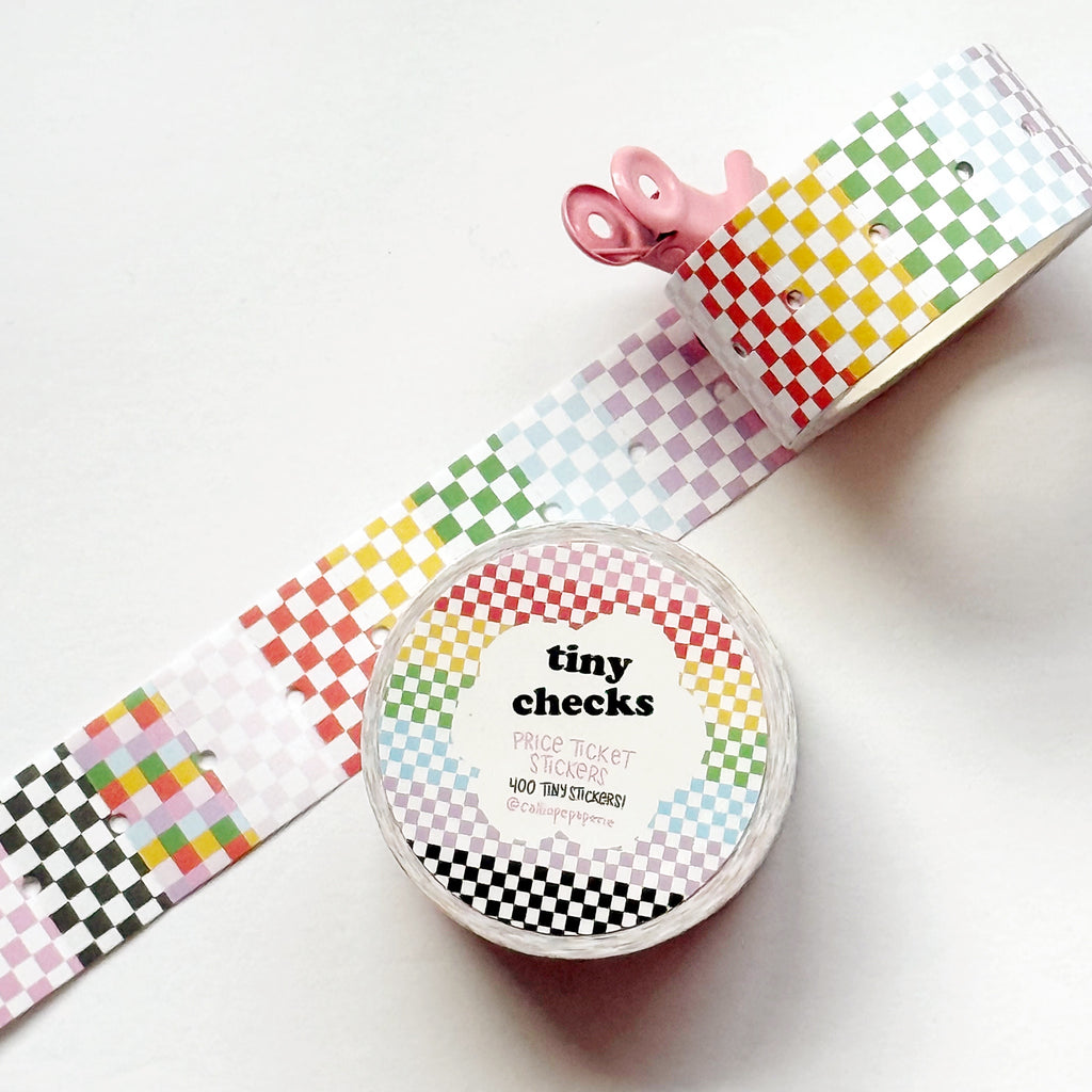 Images of  checkerboard patterned tiny stickers in pink and white, red and white, yellow and white, green and white, blue and white, lilac and white and black and white.