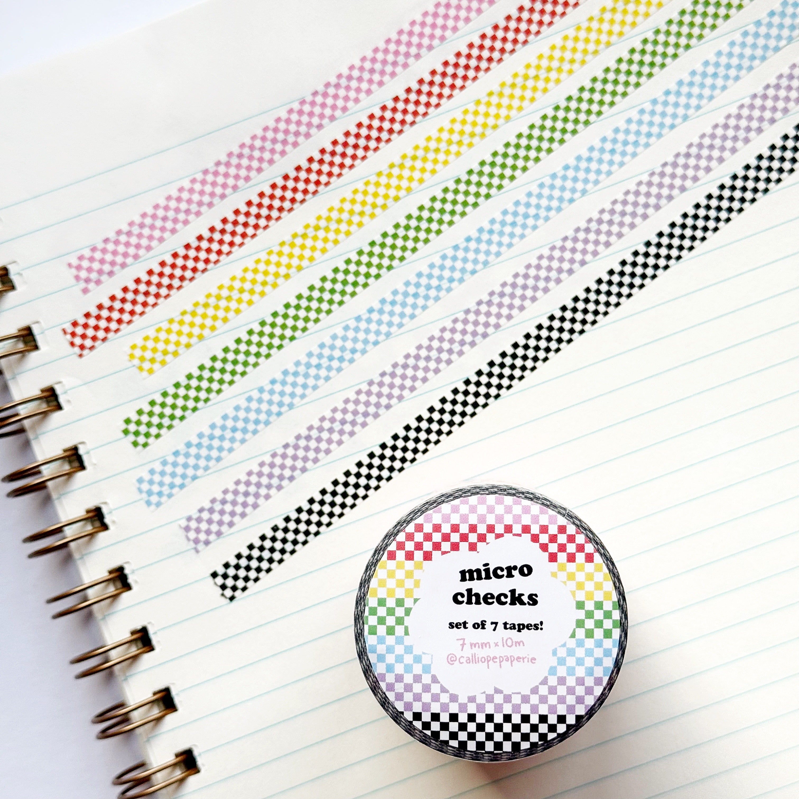 Images of  checkerboard patterned washi tape in pink and white, red and white, yellow and white, green and white, blue and white, lilac and white and black and white.
