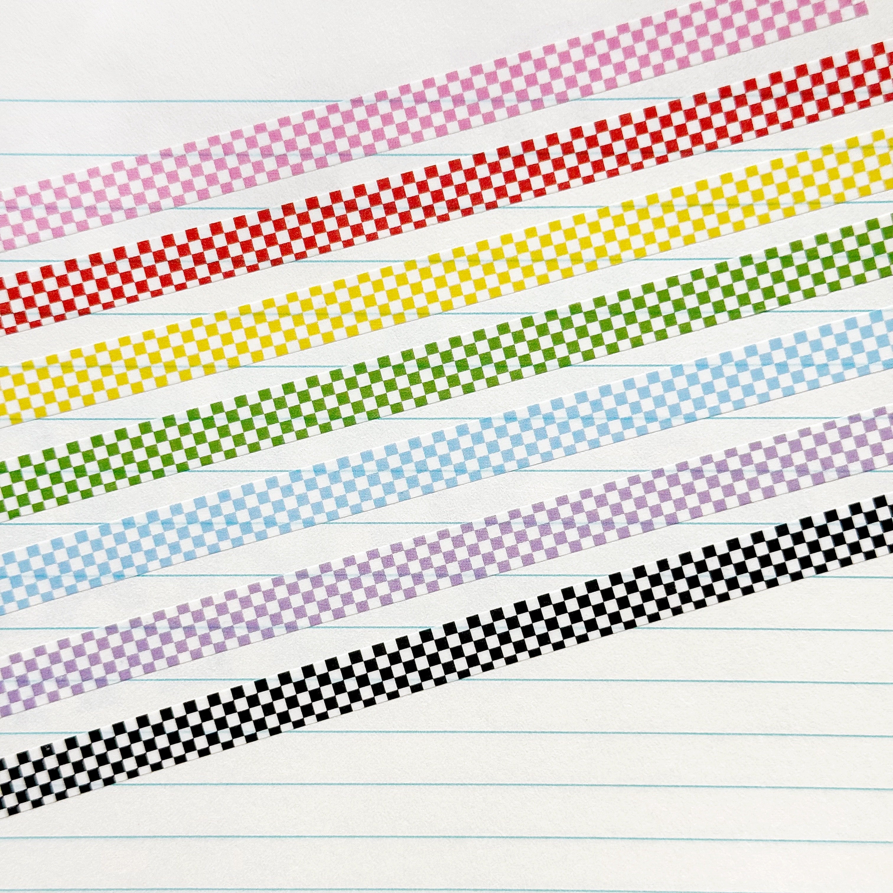 Images of  checkerboard patterned washi tape in pink and white, red and white, yellow and white, green and white, blue and white, lilac and white and black and white.