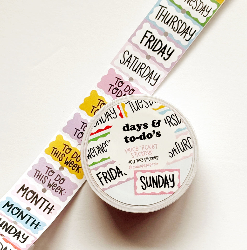 Small stickers with yellow, pink, white, blue backgrounds and black text says, "Sunday, Monday, Tuesday, Wednesday, Thursday, Friday, Saturday, To Do today, To do this week, Month".