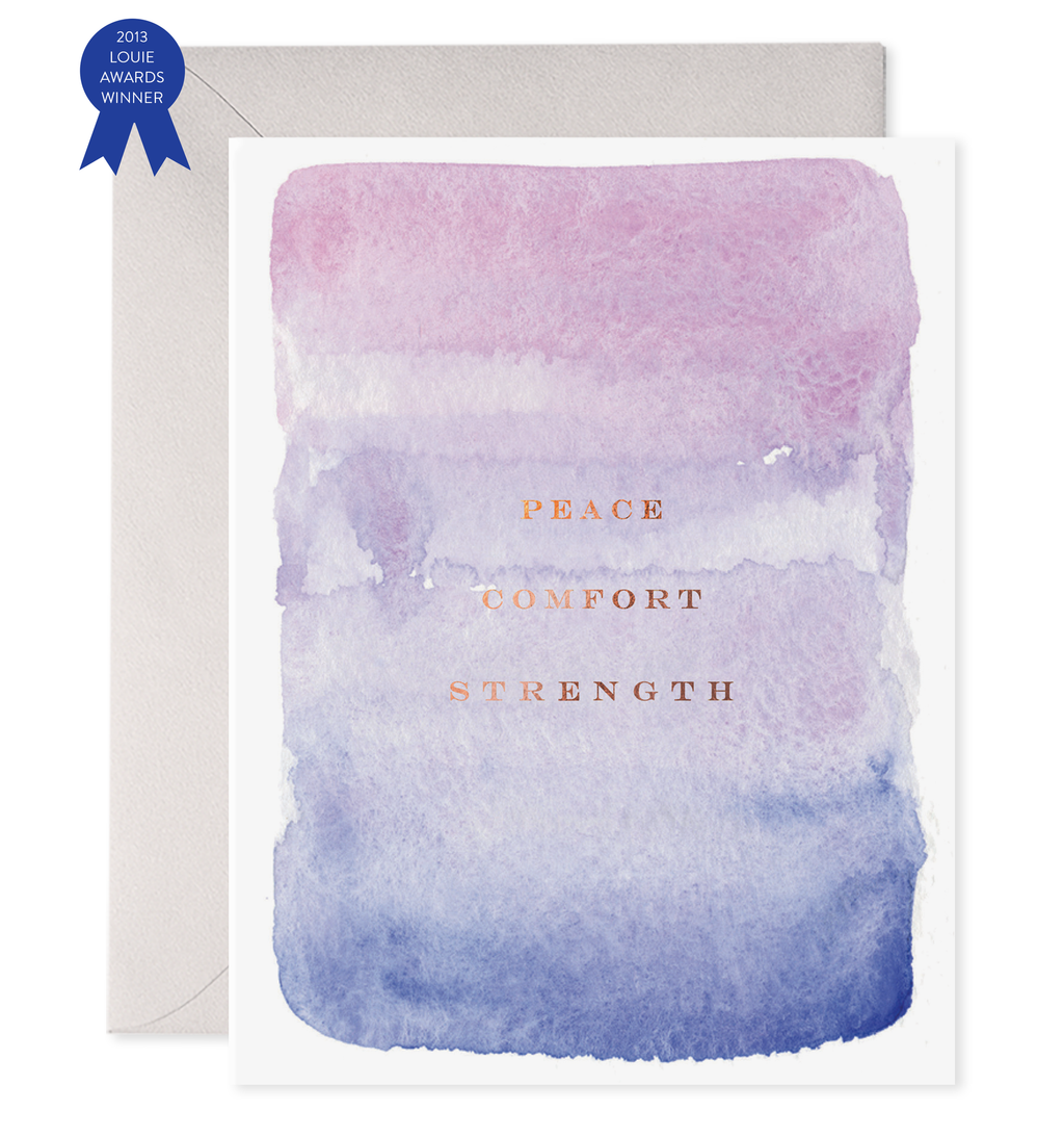 Greeting card with lavender to purple ombre background and gold foil text says, "Peace, Comfort, Strength". Grey envelope included. 