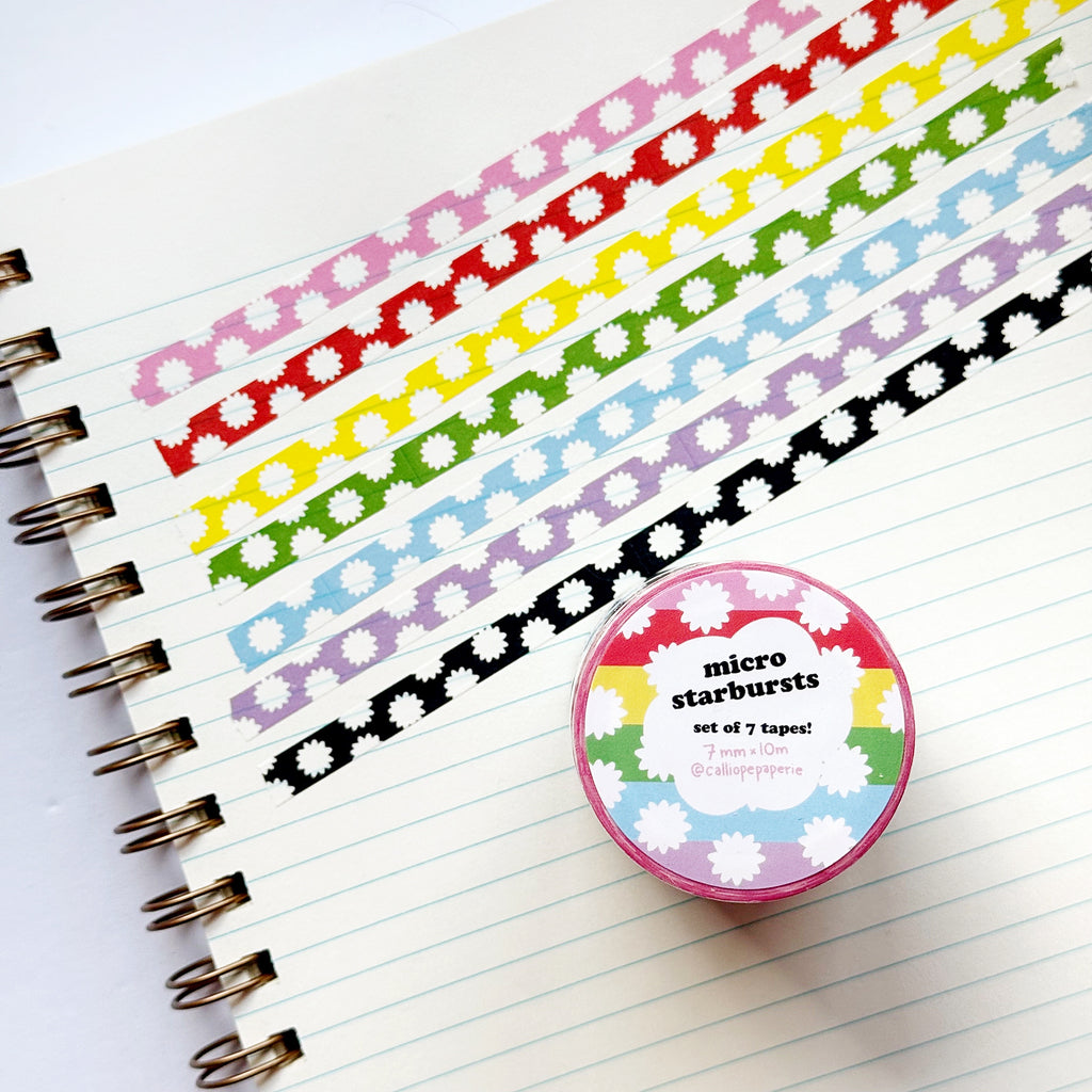 Decorative tape with micro starbursts in pink and white, red and white, yellow and white, green and white, blue and white, black and white and lilac and white.