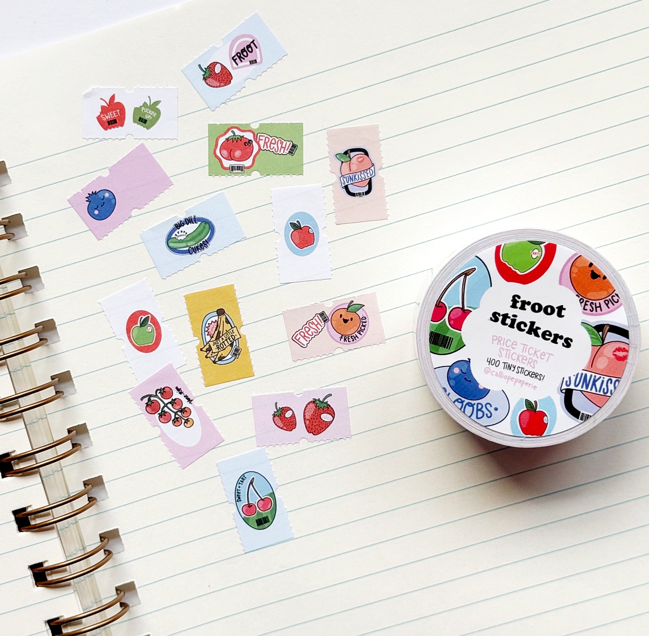 Tiny stickers with images of fruits on them in bright colors.