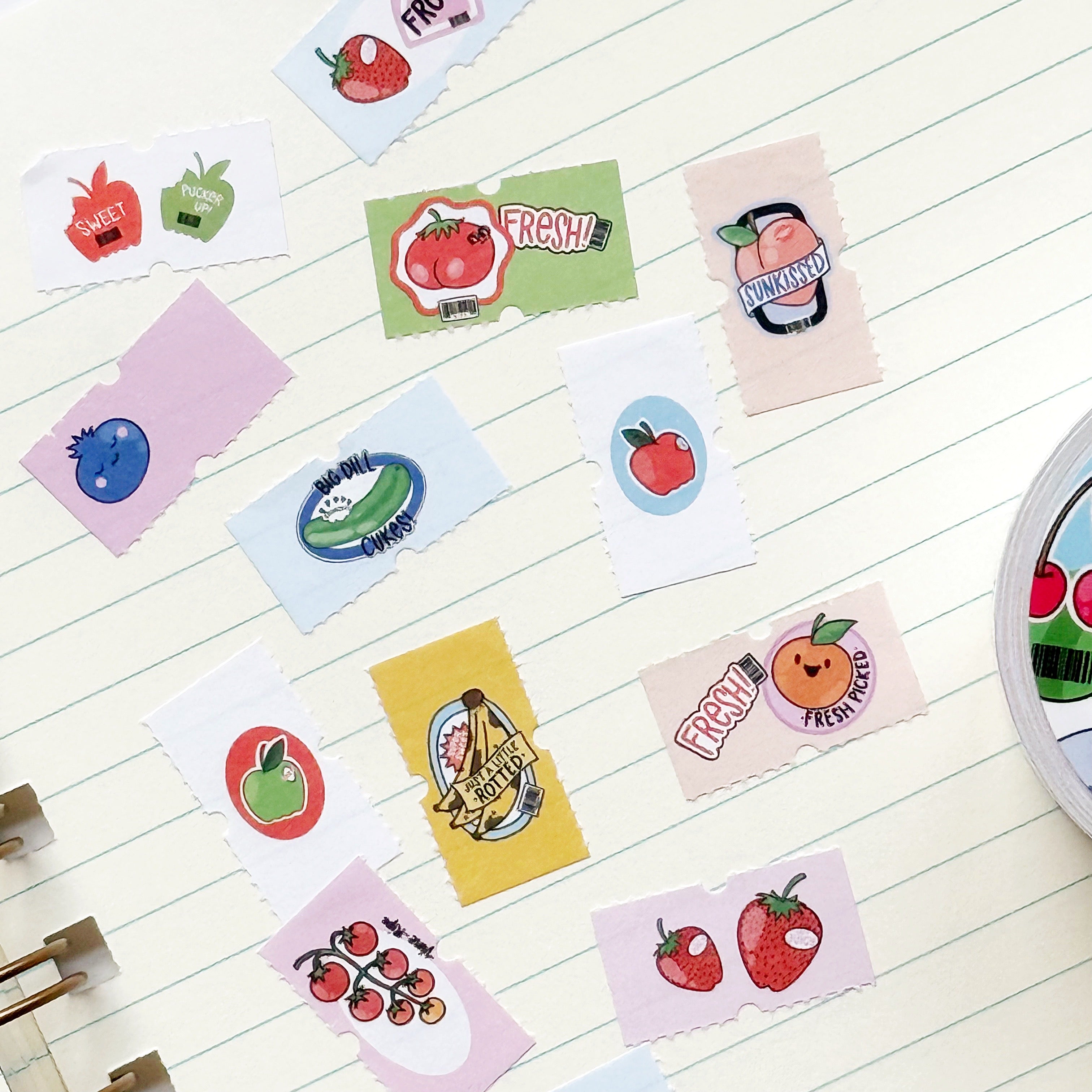 Tiny stickers with images of fruits in bright colors.