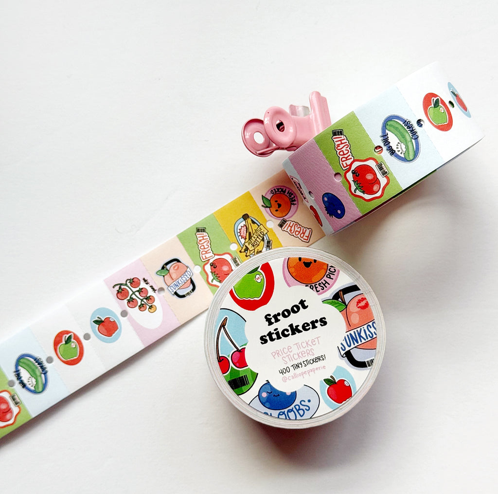 Tiny stickers with images of fruits in bright colors.