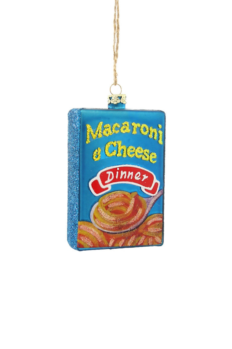 Image of a blue box of macaroni and cheese dinner. 