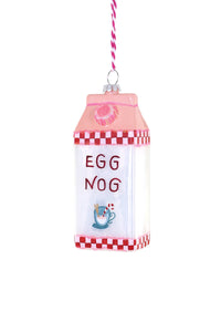 Image of carton of eggnog in red, pink and white. 