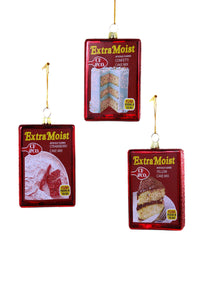 Image of three cake mix ornaments with yellow text says, "Extra moist". 