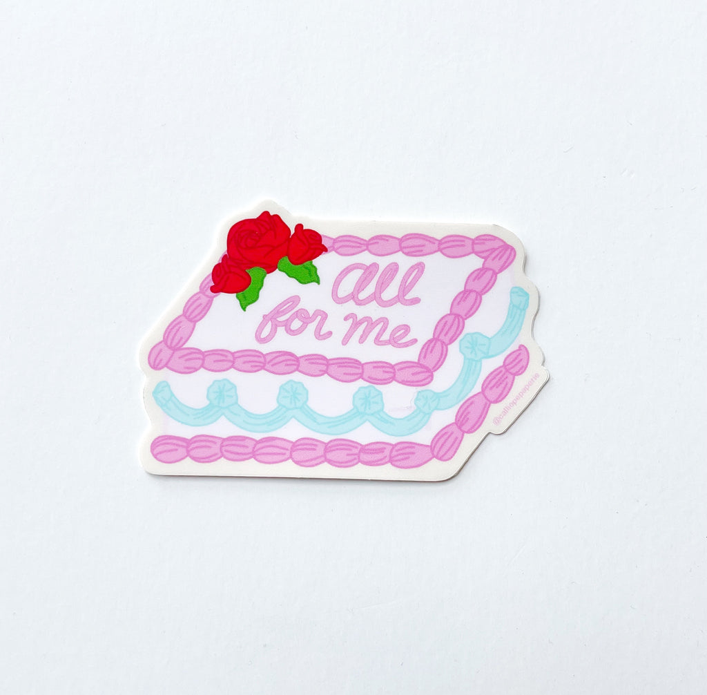 Image of a sheet cake with white frosting and pink and blue piped decoration and red roses. Pink text says, "All for me". 