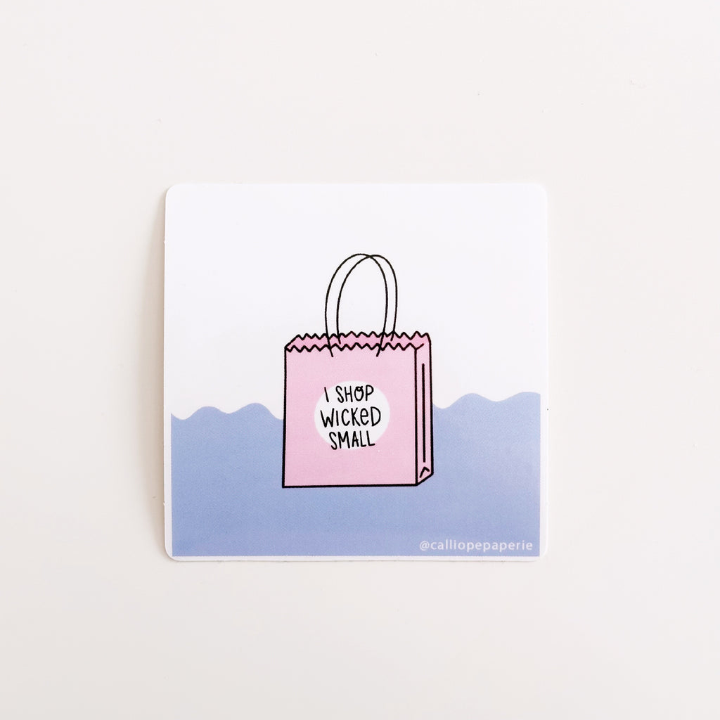 Image of sticker with white and light blue background with image of pink shopping bag with black text says, "I shop wicked small". 